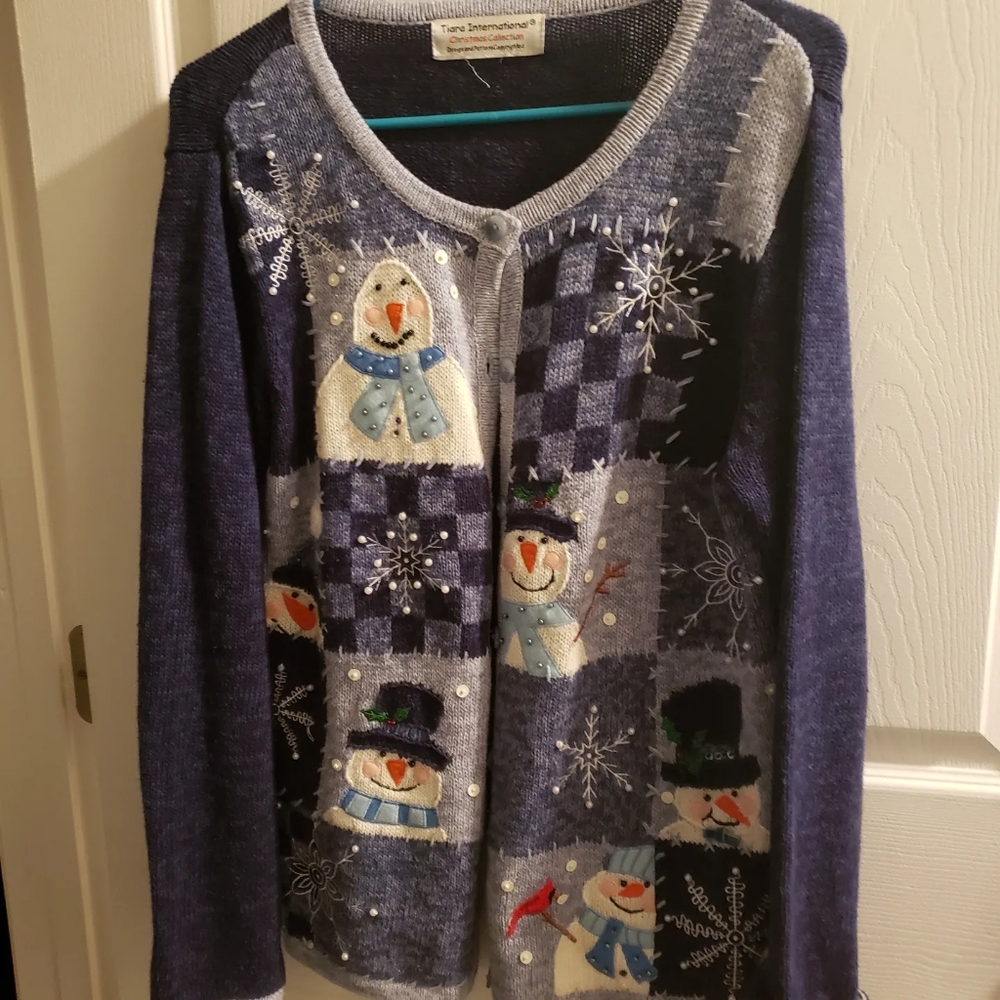 Vintage Large Tiara International Patchwork Snowman Ugly Christmas Sweater